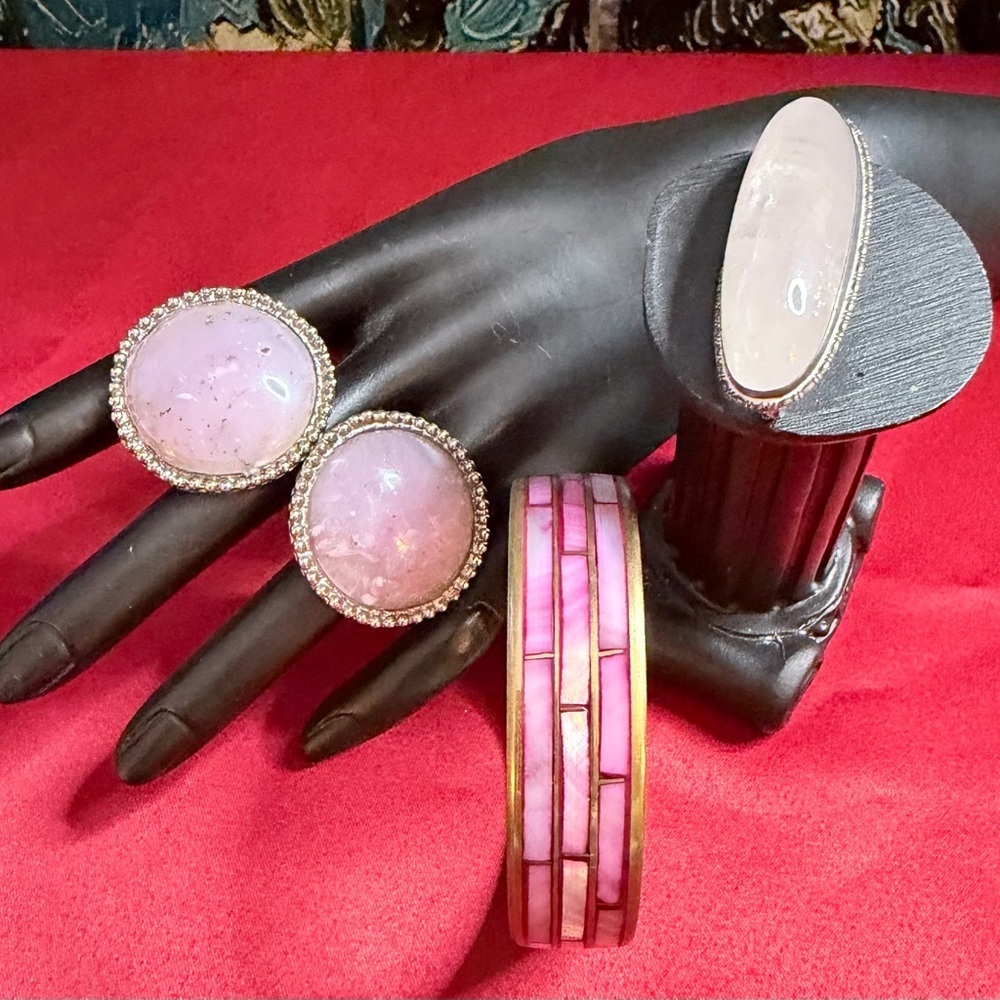 Purple and Pink Lucite Set Bracelet Earrings And Brooch Silver Jewelry Set